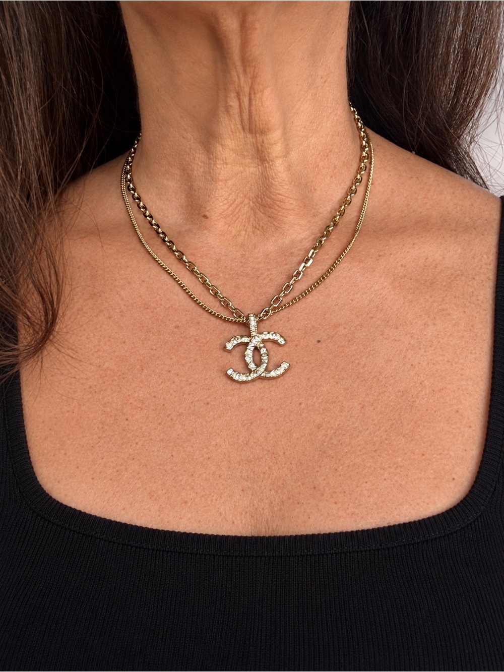 CHANEL Gold-Tone Crystal CC Double Chain Necklace